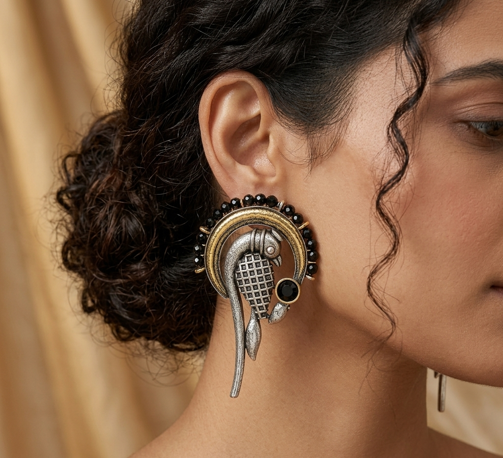 A close-up of a woman's ear wearing a large, ornate South Asian style earring. The earring features a silver-toned paisley motif with a grid pattern, accented by gold-toned crescent borders, small black beads, and a central black stone.