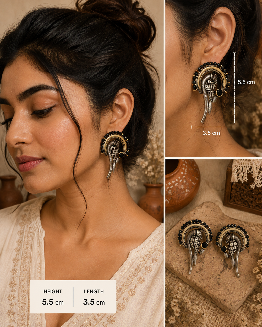 A collage showing a woman wearing ornate hoop-and-earring jewelry, with close-up views of the product on the ear and a flat product shot. White measurement labels indicate 5.