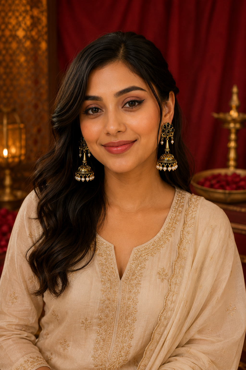 A woman with long, wavy dark hair is shown from the chest up, wearing a beige embroidered traditional outfit and ornate gold jhumka earrings. The background features a dark red curtain and warm, ambient lighting.