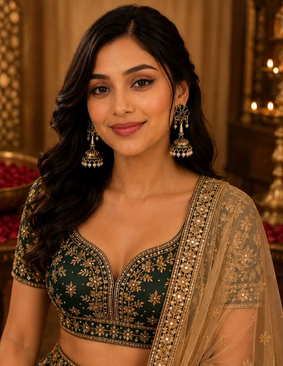 A woman wearing an ornate dark green and gold embroidered traditional outfit with a sheer beige dupatta and matching earrings, posed in a warmly lit indoor setting with decorative lights and rose petals in the background.