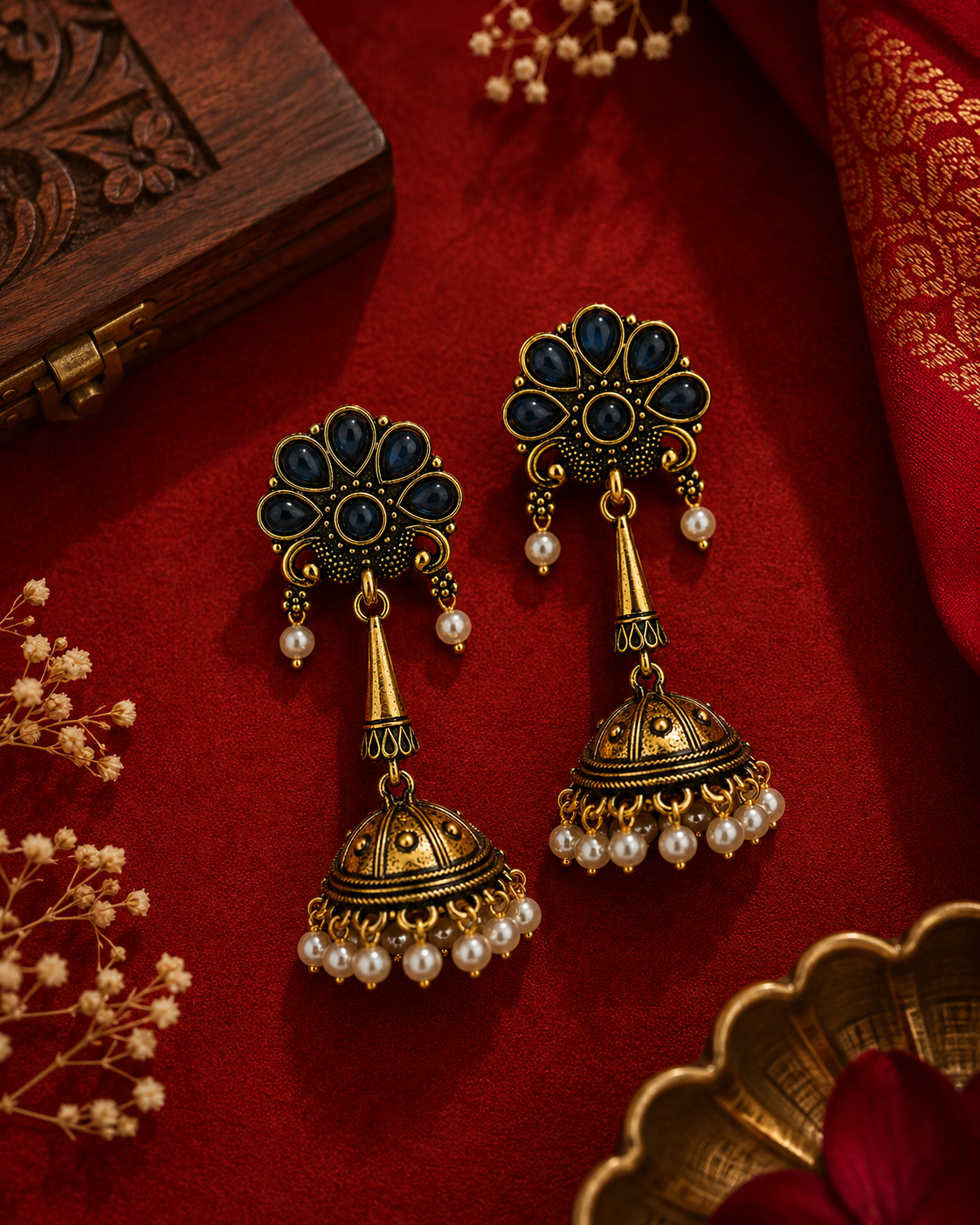 A pair of ornate gold-toned jhumka earrings with dark blue stone accents and dangling pearl beads, arranged on a rich red fabric background with decorative floral elements and a wooden box.