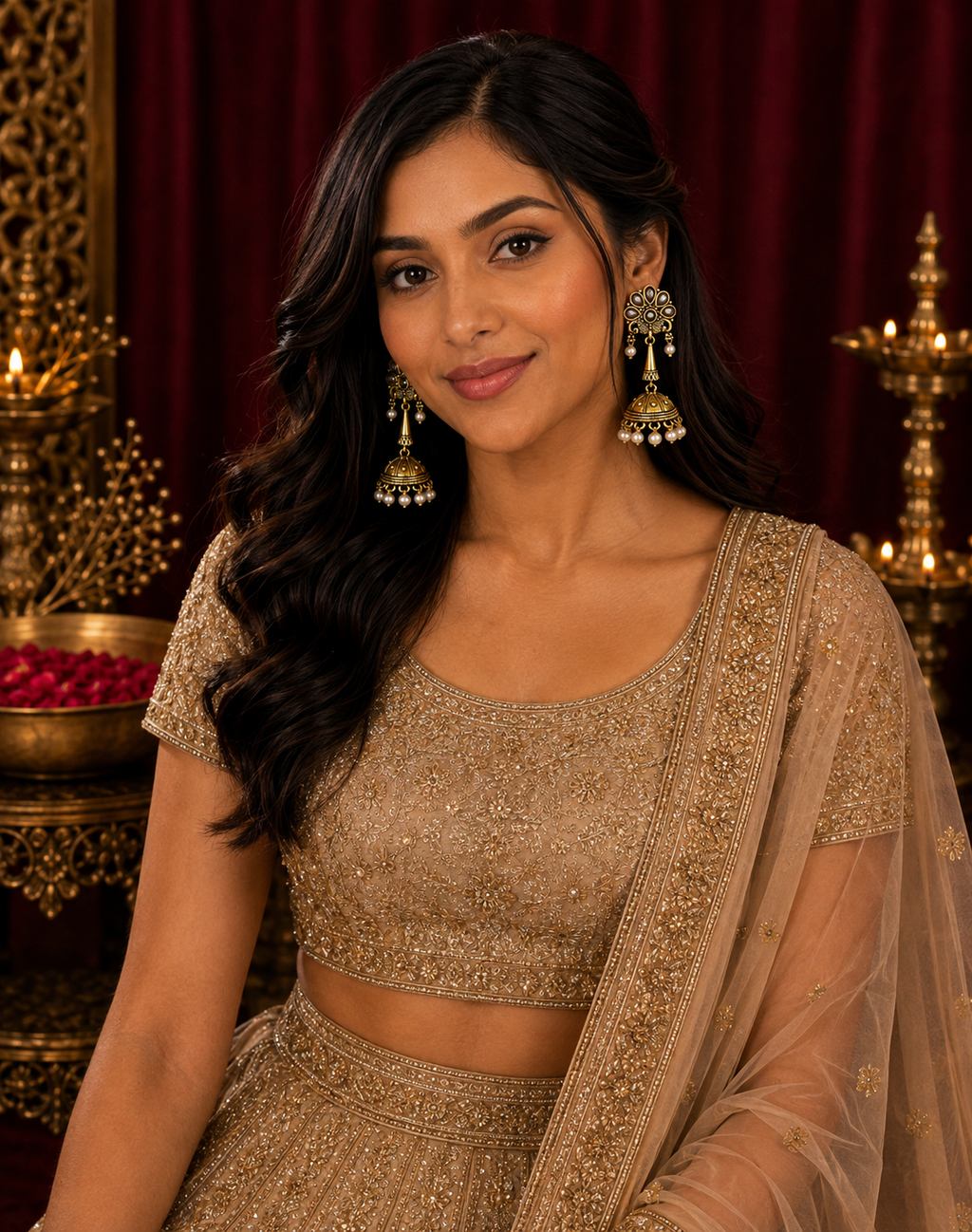 A woman wearing a beige embellished traditional outfit with a matching sheer dupatta, styled with ornate gold earrings, posed in front of a dark red curtain and brass decorative lamps.