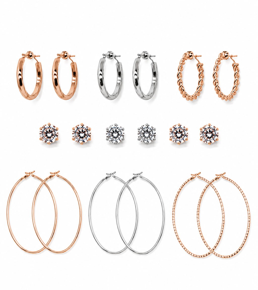 9 Pair Round Textured Hoop & Stud Collection