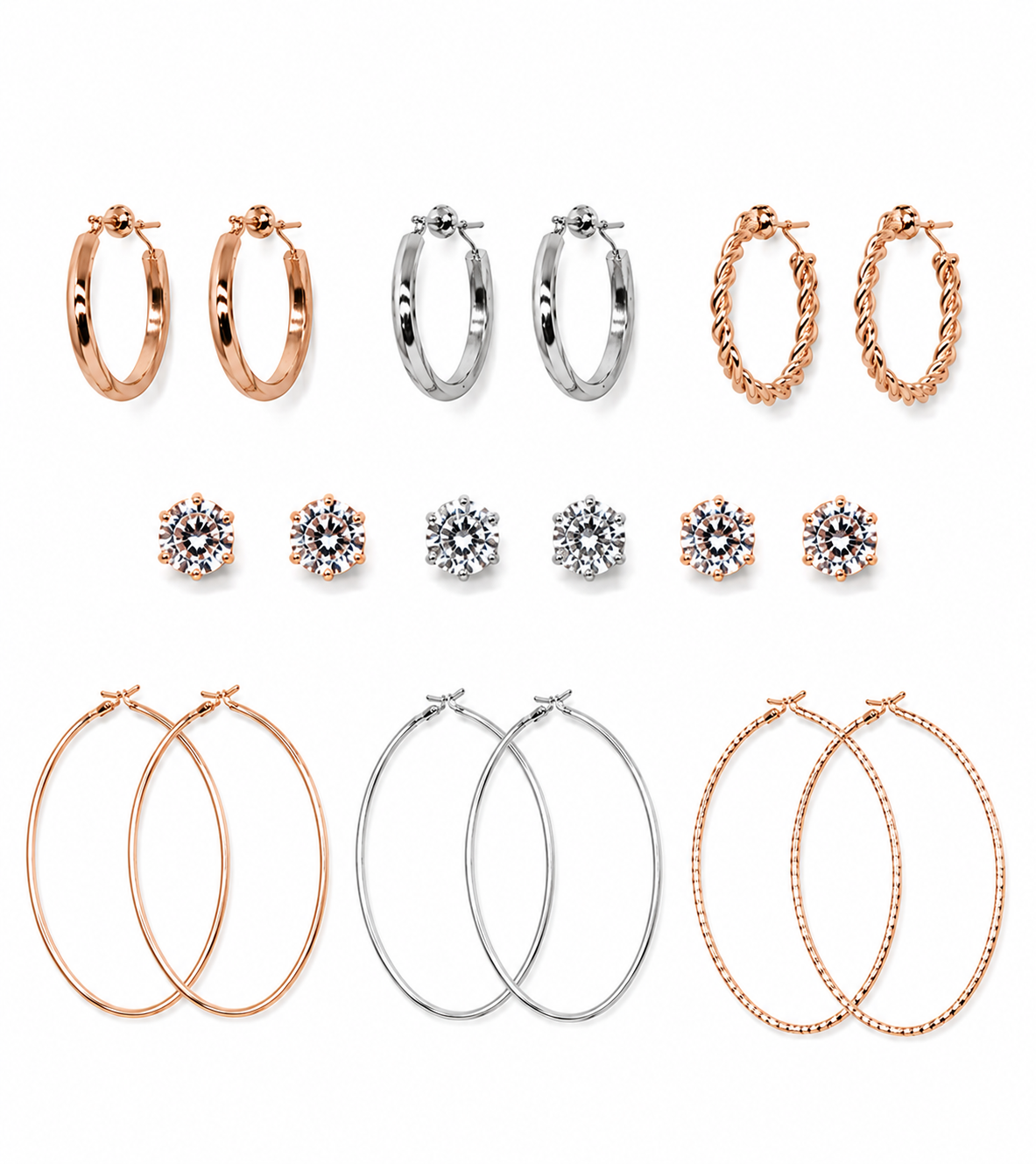 9 Pair Round Textured Hoop & Stud Collection