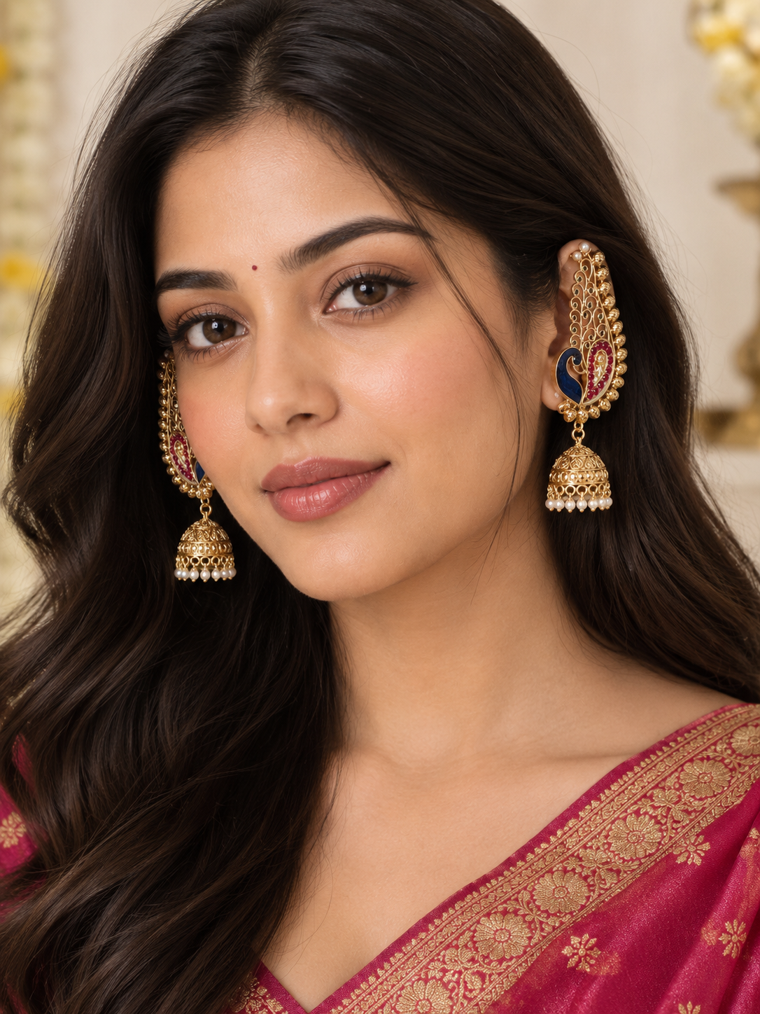 Royal Peacock Pearl Chain Ear Cuffs