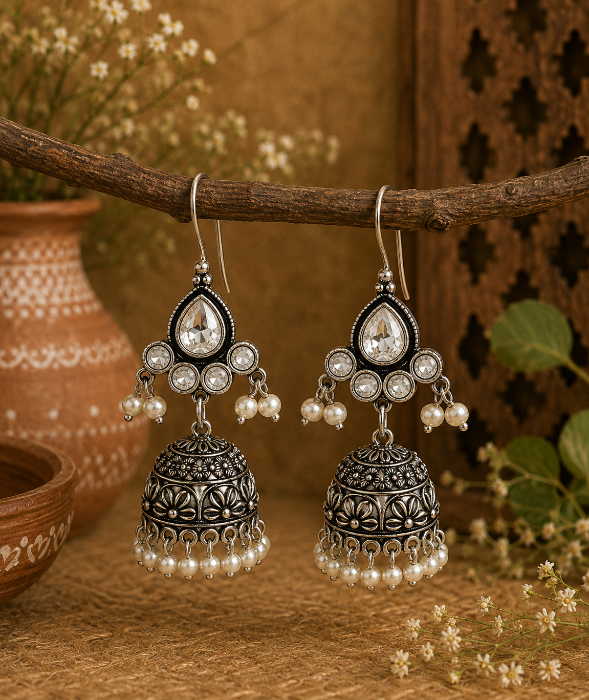 A pair of ornate silver-toned Indian jhumka earrings with clear teardrop stones and small pearl bead drops, hanging from a rustic wooden branch with a warm, decorative background.