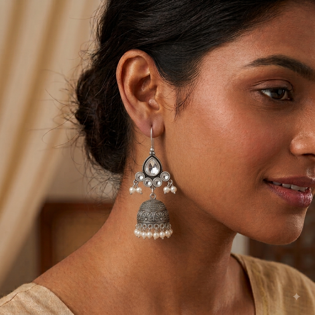 A close-up lifestyle shot of a woman wearing a silver-toned traditional Indian jhumka earring with white pearl accents. The earring features a teardrop-shaped silver top, a bell-shaped jhumka with intricate filigree, and rows of small white pearls.