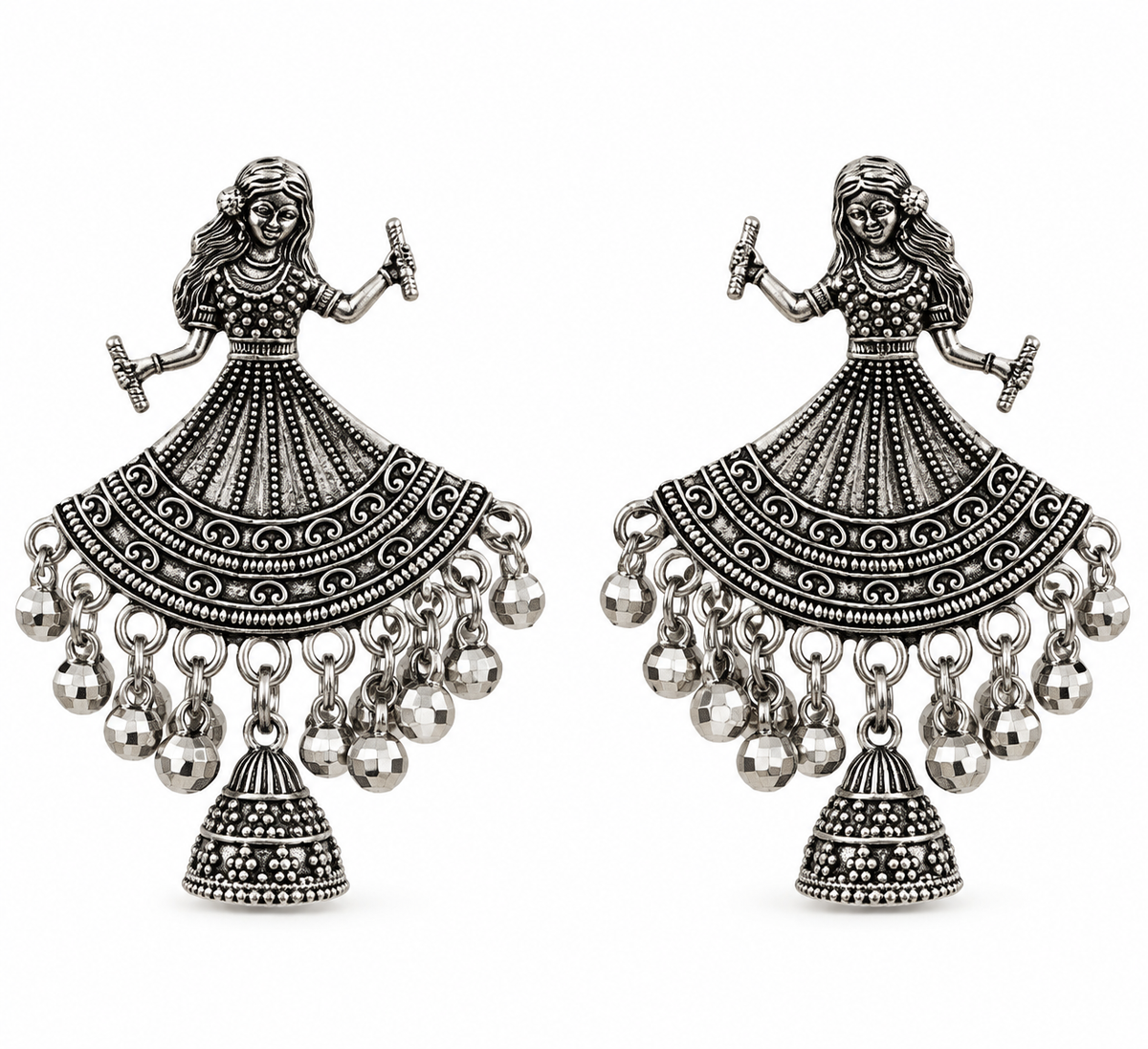 A pair of silver-toned traditional Indian jhumka earrings featuring an intricate dancer design with dangling bell charms, shown against a plain white background.