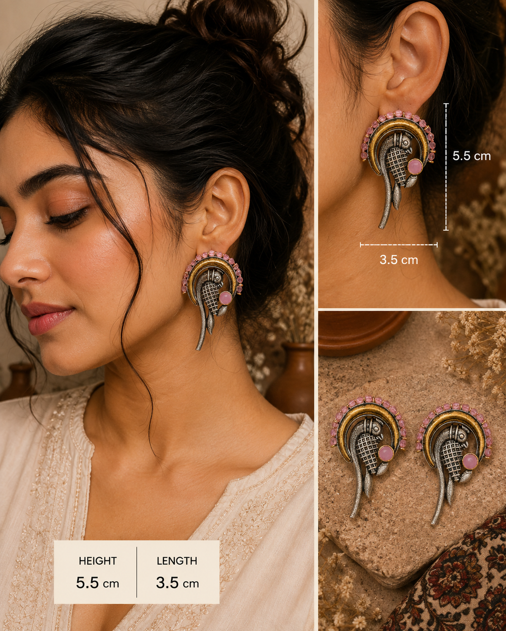 A collage showing a woman wearing ornate gold and silver earrings with pink stones, plus close-up views with dimension labels reading 5.5 cm height and 3.