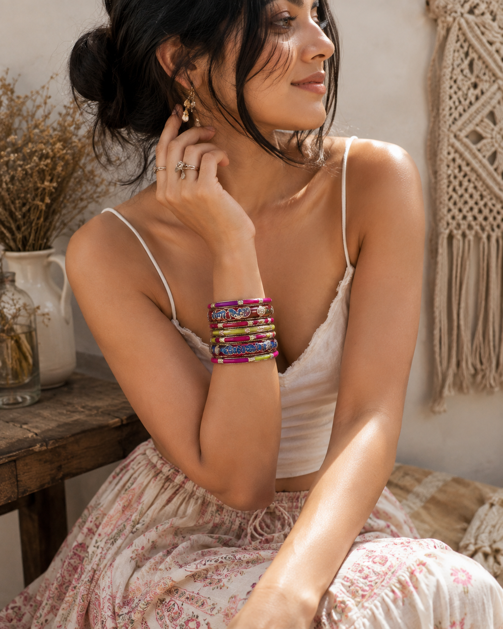 Ivory Shell & Silver-Toned Resin Bangle Stack (Pack of 6)