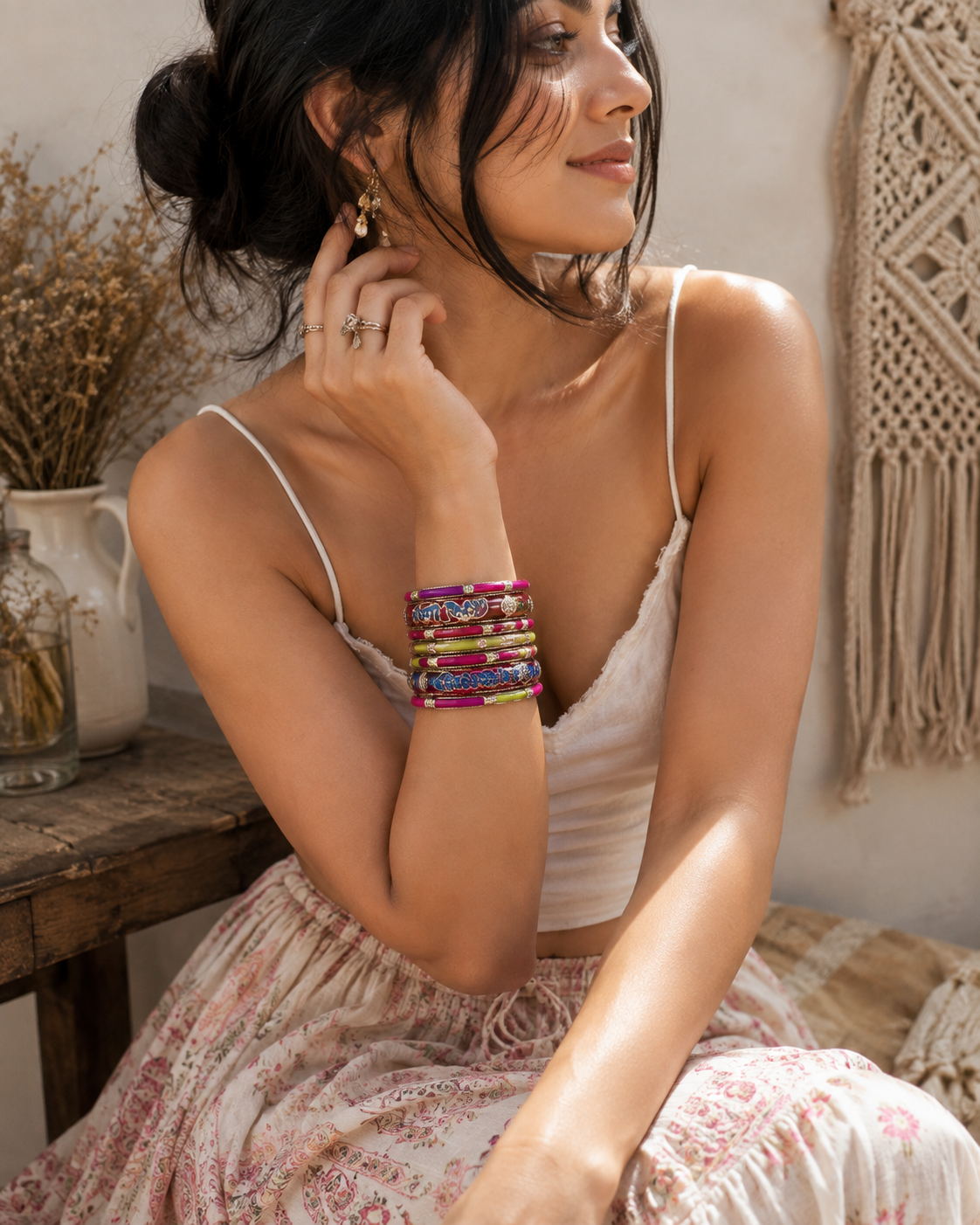 Ivory Shell & Silver-Toned Resin Bangle Stack (Pack of 6)