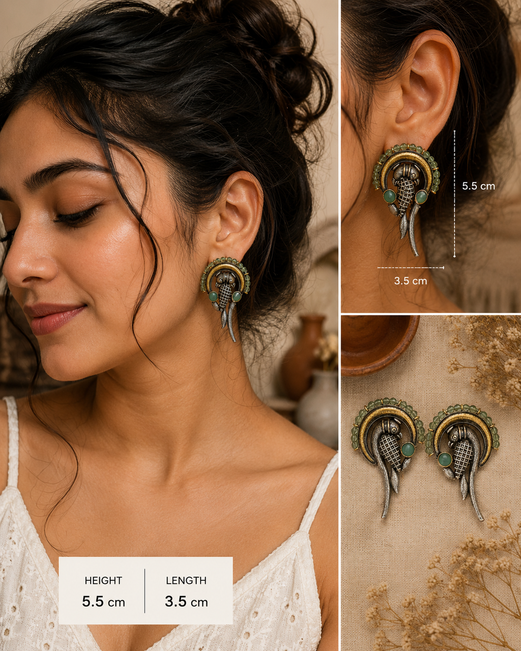 A collage showing a woman wearing ornate drop earrings, with close-up views of the earrings and measurement labels indicating 5.5 cm height and 3.