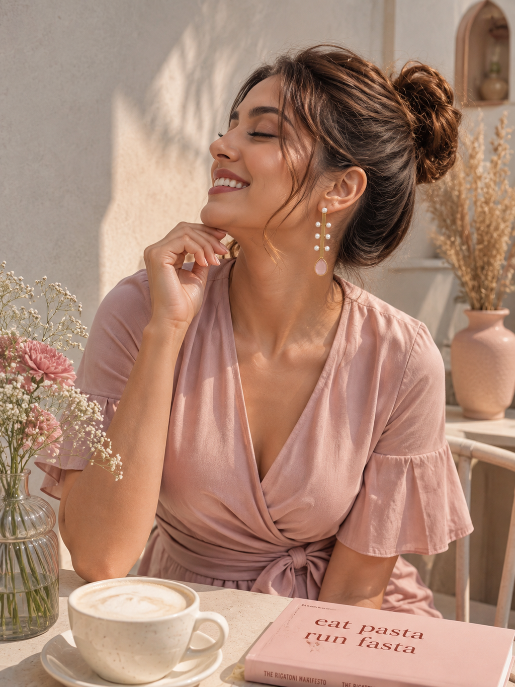 A woman with her hair in a bun sits at a table wearing a dusty pink wrap dress with ruffled sleeves. She is smiling and looking upward, wearing long pearl drop earrings.