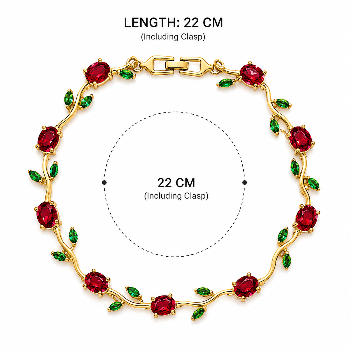 Gold vine-style bracelet with red oval gemstones and green leaf accents, shown on a white background with text indicating a length of 22 cm including clasp.