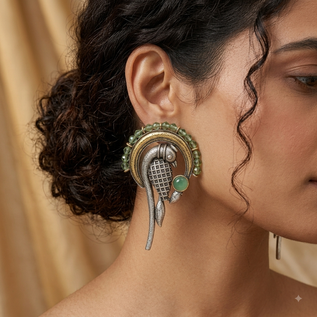 A close-up of a woman's ear wearing a large, ornate South Asian-style earring. The earring features a silver-toned parrot motif with a green stone, a gold-toned crescent, and green bead detailing.