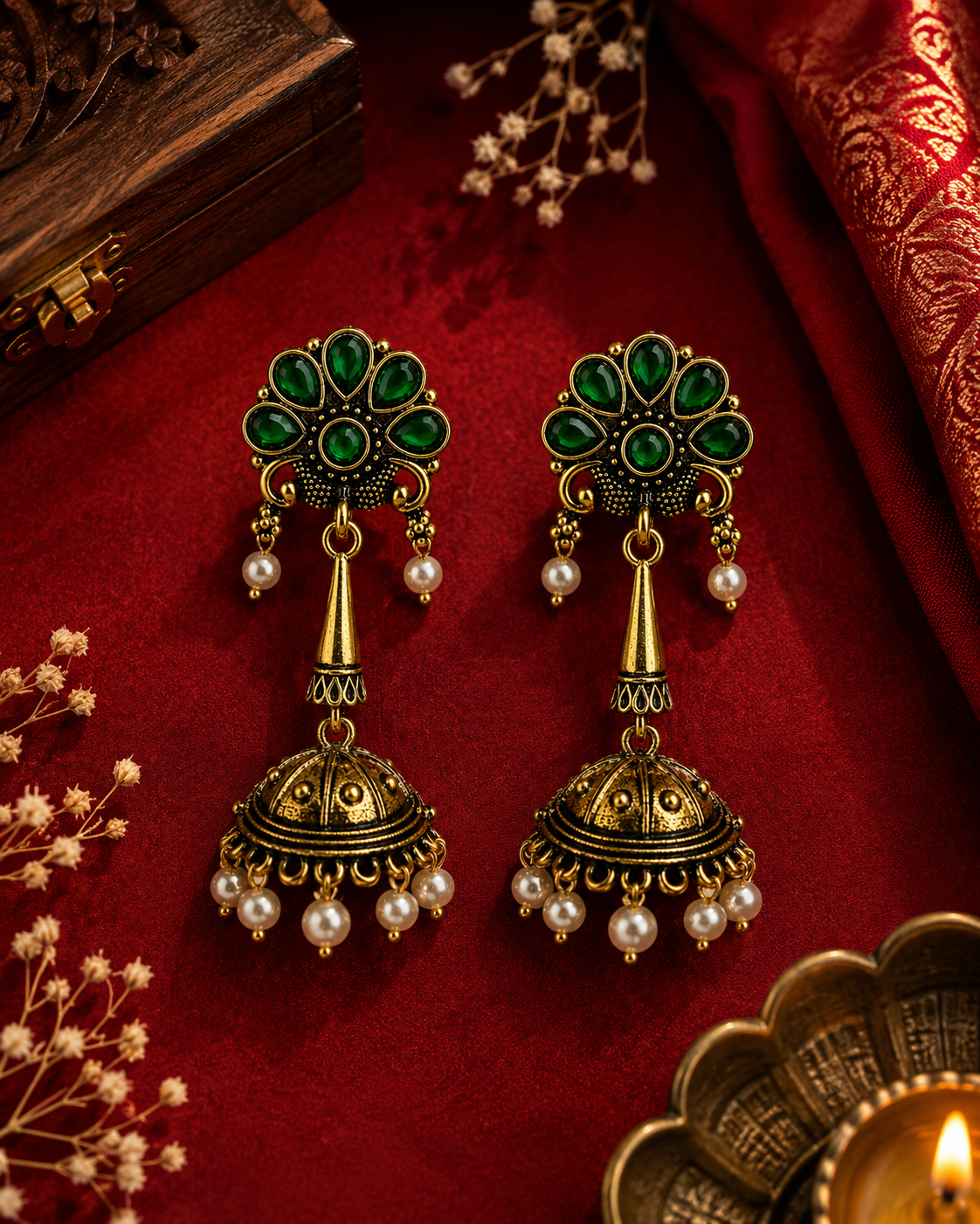 A pair of ornate Indian jhumka earrings with green stone floral tops, gold-toned filigree, and dangling pearl beads, displayed on a rich red fabric background with decorative props.