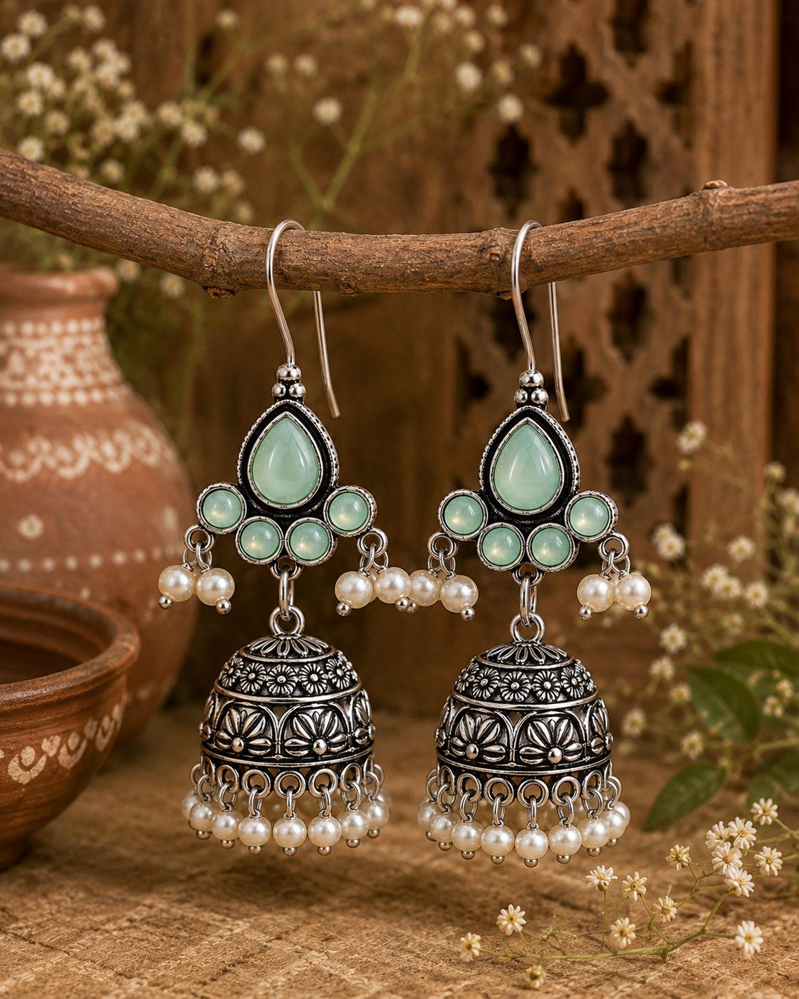 A pair of traditional Indian silver-toned jhumka earrings with mint green teardrop stones, small pearl bead clusters, and ornate filigree bell-shaped drops, hanging from a rustic wooden branch.