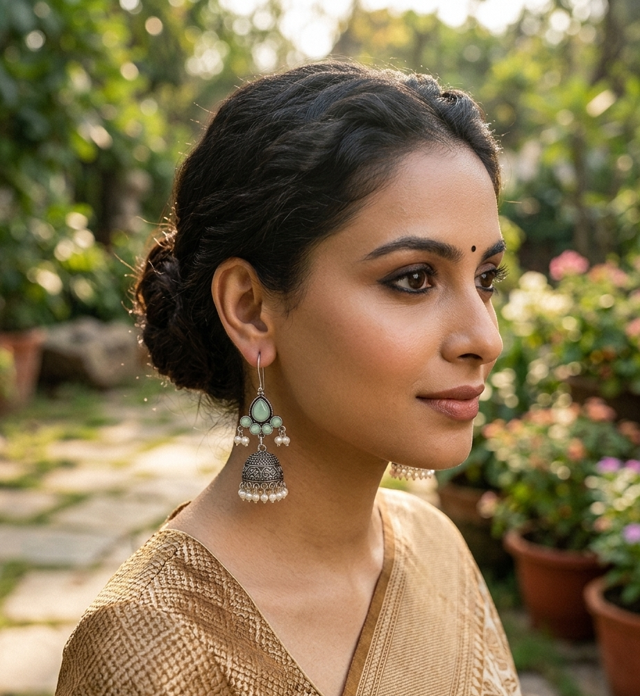 A woman in profile wearing a traditional Indian jhumka earring with a silver-toned bell-shaped drop, mint green stones, and white pearl beads, set against a blurred garden background.