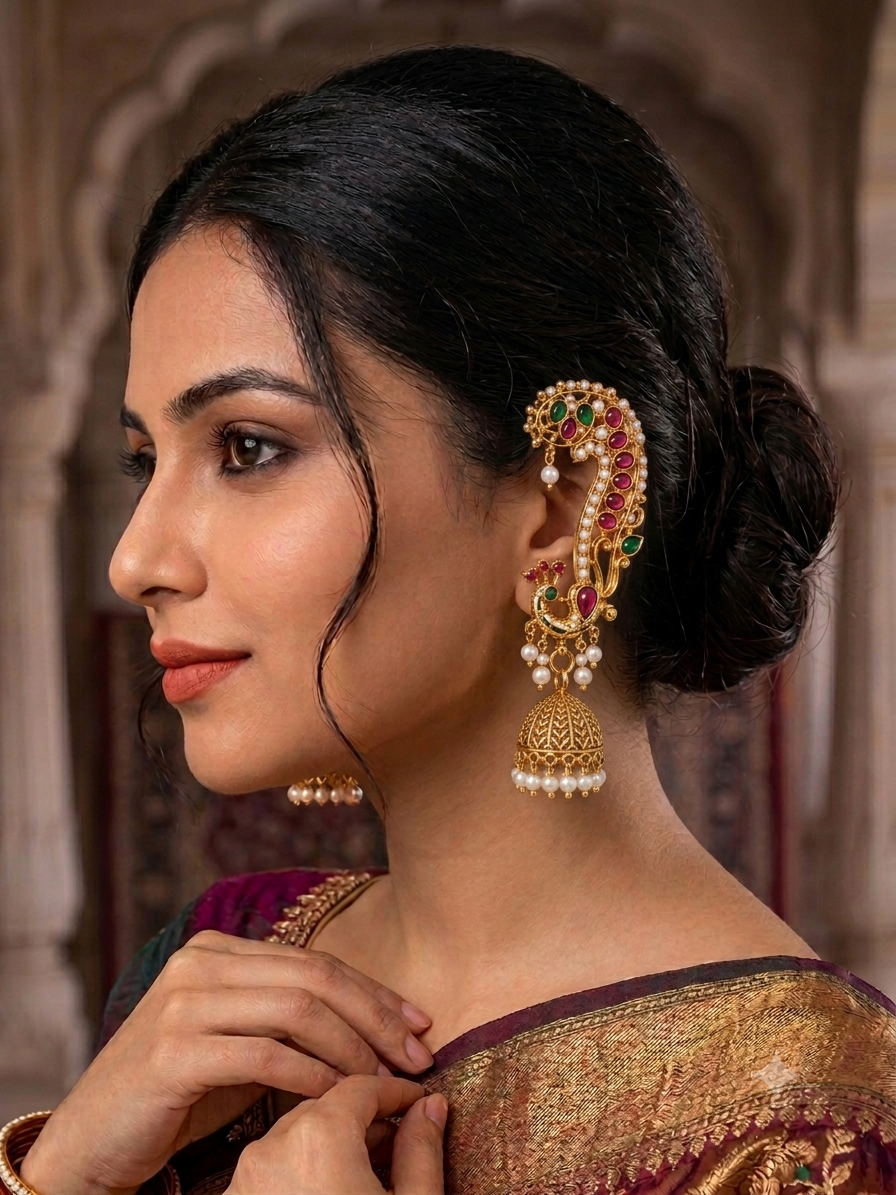 A woman in profile wearing ornate gold-toned traditional earrings with pearl-like white beads and red and green stone accents, paired with a purple and gold sari, against a softly blurred architectural background.