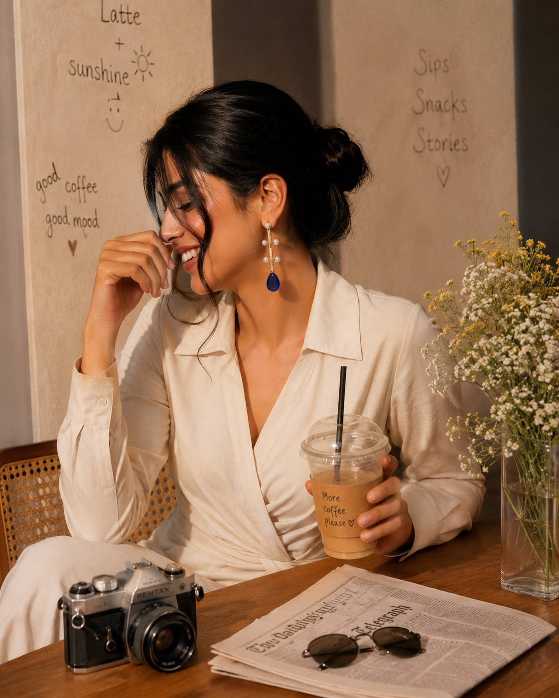 A woman in a cream-colored satin shirt and trousers sits at a wooden table in a cafe setting, holding an iced coffee. She is wearing long, dangling earrings with blue and gold details.