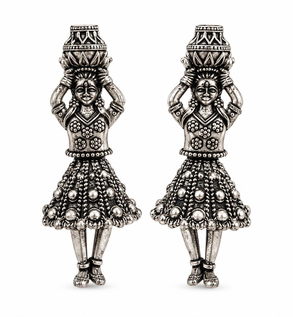 Silver oxidized matki inspired design jhumkis with white background