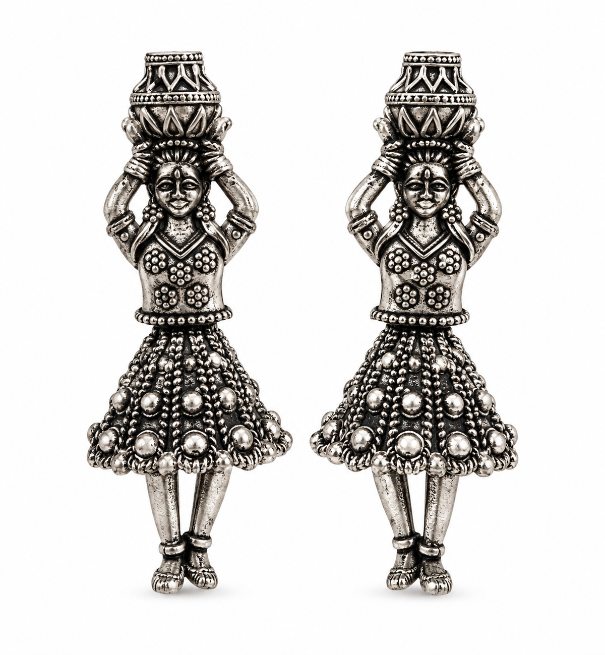 Silver oxidized matki inspired design jhumkis with white background