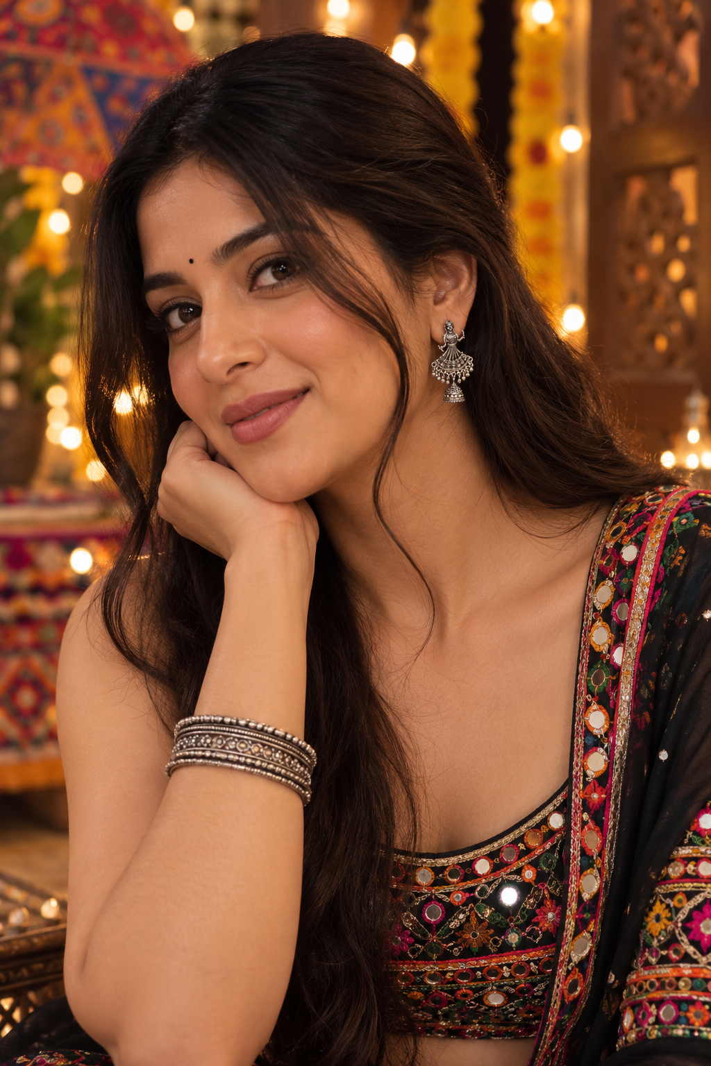 A woman with long dark hair rests her chin on her hand, wearing a black embroidered traditional outfit with colorful floral patterns and silver jewelry, set against a warm, decorated background with bokeh lights.