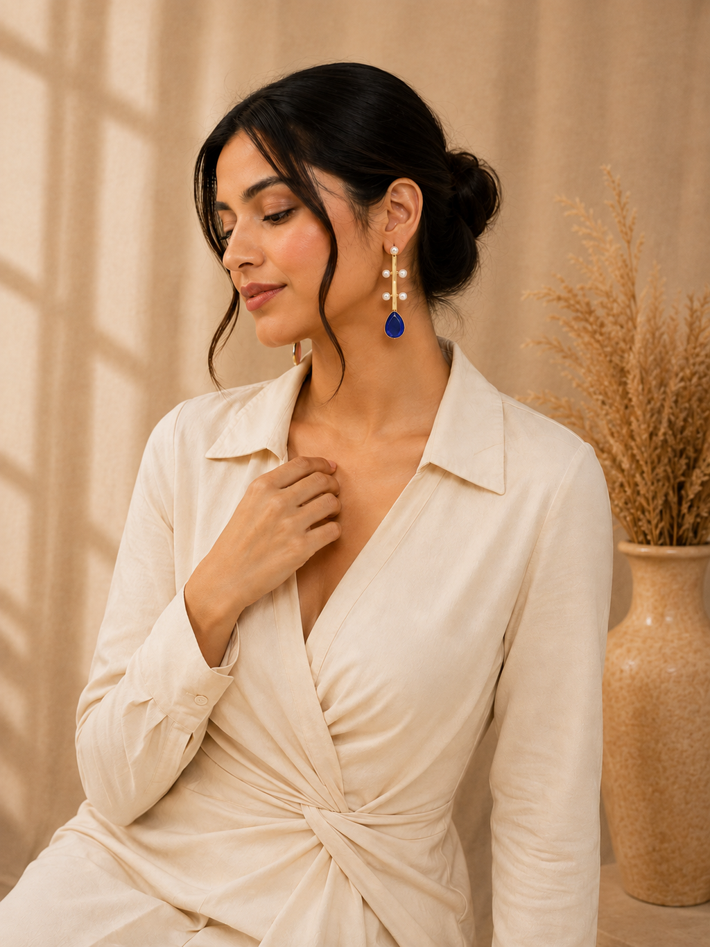 A woman wearing a cream-colored wrap dress and matching accessories, featuring a pair of long drop earrings with white pearl-like beads and deep blue teardrop stones, posed in a warm, neutral-toned indoor setting.