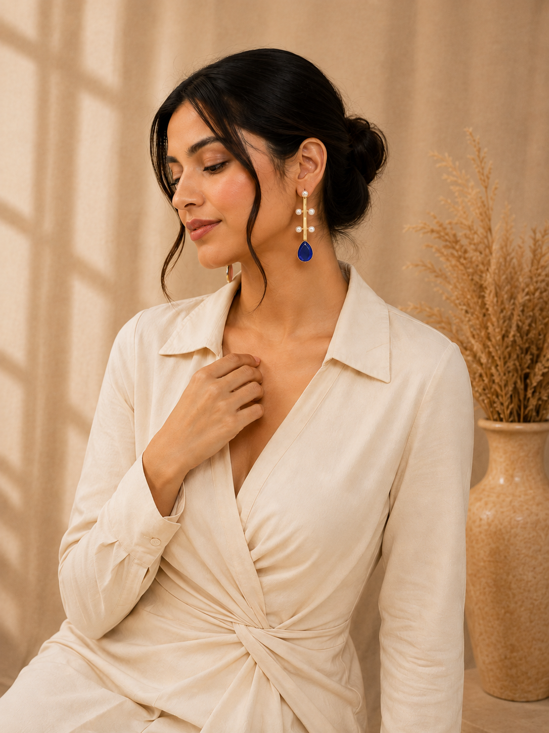 A woman wearing a cream-colored wrap dress and matching accessories, featuring a pair of long drop earrings with white pearl-like beads and deep blue teardrop stones, posed in a warm, neutral-toned indoor setting.