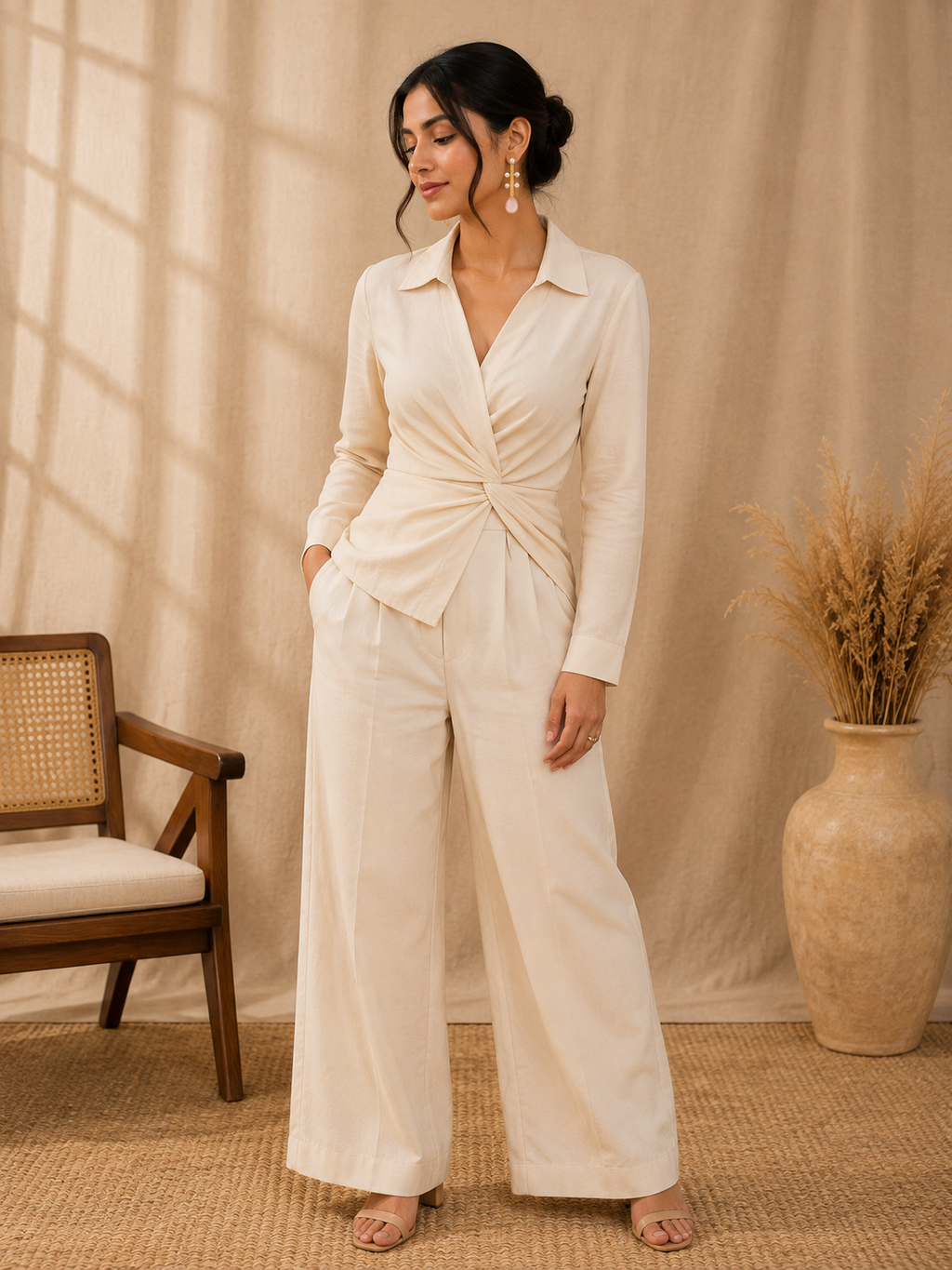 A woman models a cream-colored long-sleeve wrap-style top and matching wide-leg trousers in a warm, neutral-toned room with a chair and a vase of dried grass.