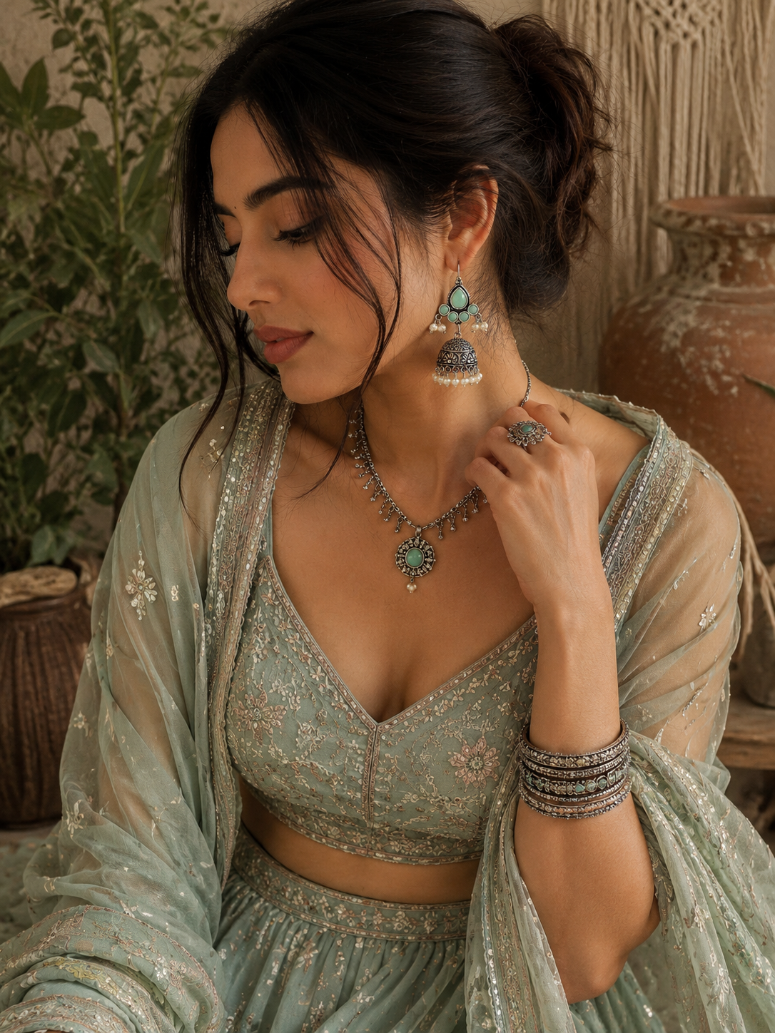 A woman wearing a light sage green embroidered traditional outfit with a matching sheer dupatta, silver-toned jewelry, and turquoise accents, posed in a rustic indoor setting with plants and pottery in the background.