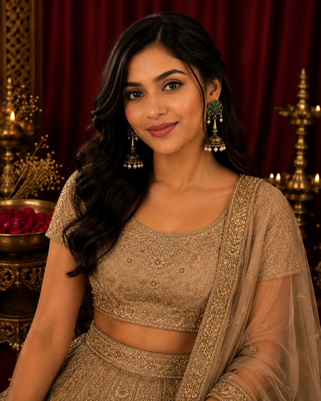 A woman wearing an ornate beige and gold embellished traditional Indian outfit with a sheer dupatta, posed in front of a dark red curtain with decorative brass lamps.
