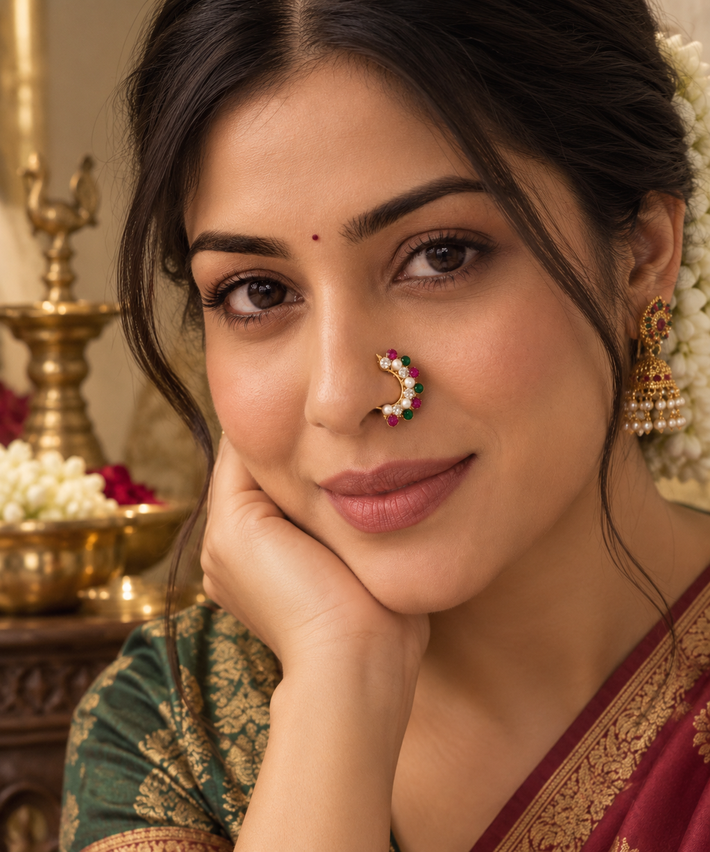 A close-up portrait of a woman wearing a crescent-shaped nose ring (nasam) adorned with small green, pink, and gold gemstones. She is wearing a green and gold patterned sari and a gold jhumka earring, with traditional floral hair accessories and a bindi visible.