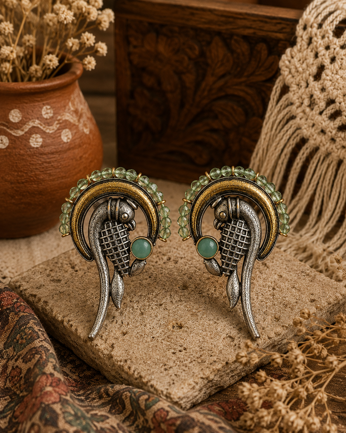 A pair of ornate vintage-style earrings displayed on a textured stone slab, surrounded by rustic props including a terracotta pot, dried flowers, and a woven textile. The earrings feature silver-toned fish motifs with green faceted stones and gold-toned curved accents.