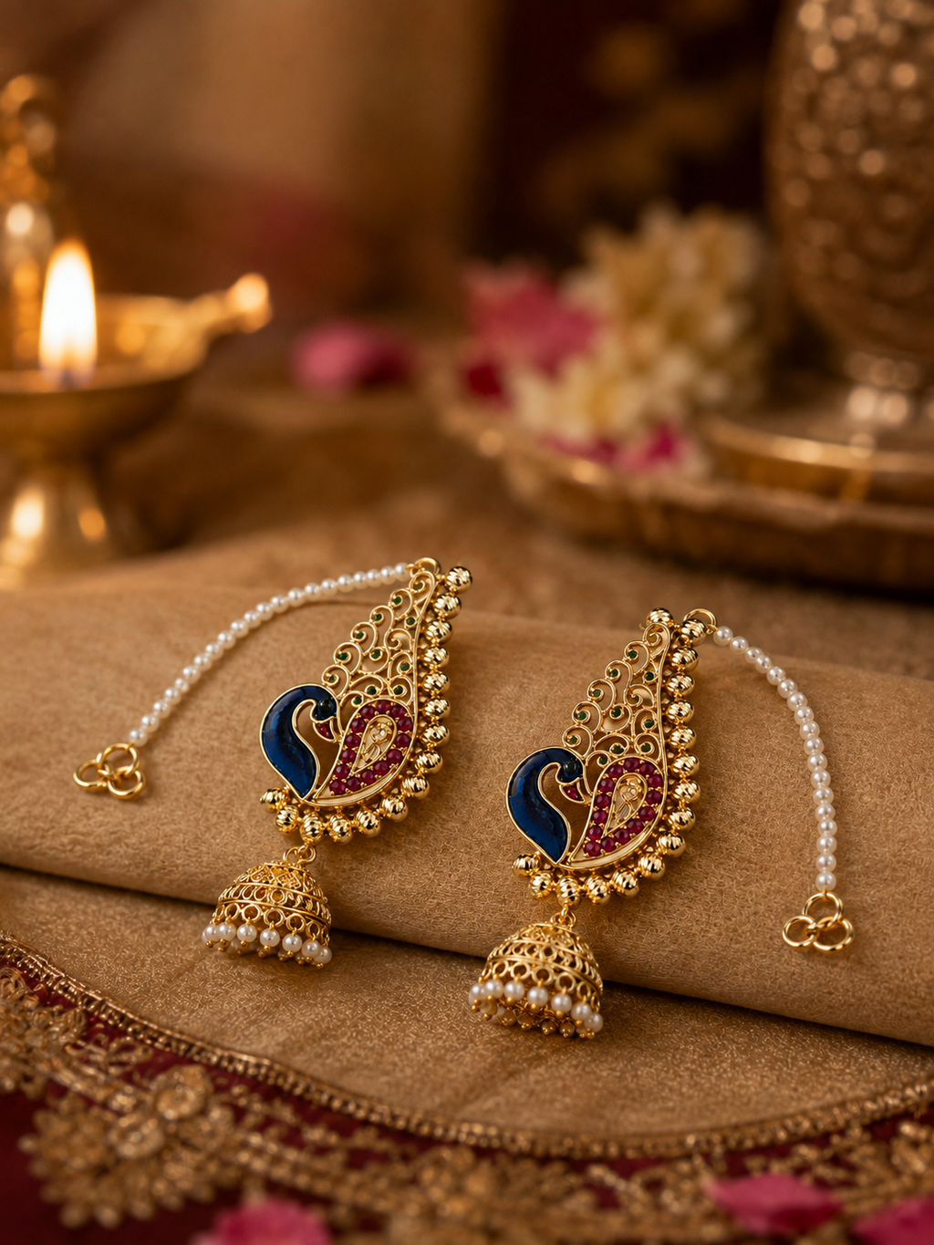 A pair of ornate gold-toned traditional earrings with blue enamel paisley motifs, red stone accents, and dangling pearl strands, displayed on a beige fabric surface with warm decorative background elements.