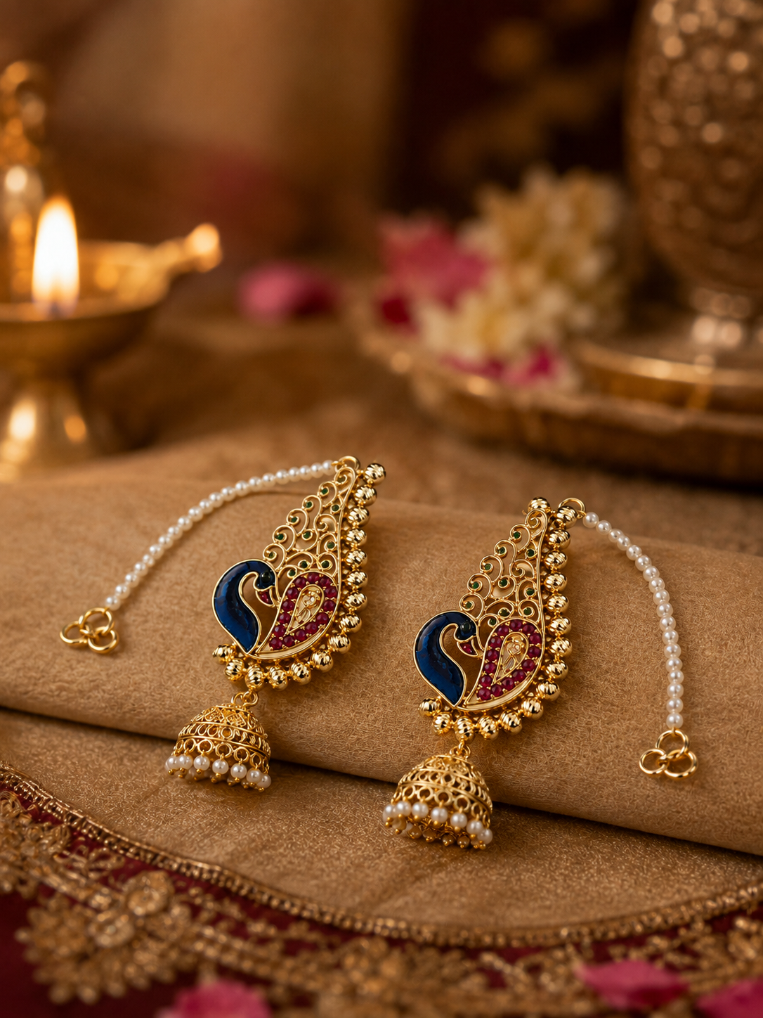 A pair of ornate gold-toned traditional earrings with blue enamel paisley motifs, red stone accents, and dangling pearl strands, displayed on a beige fabric surface with warm decorative background elements.
