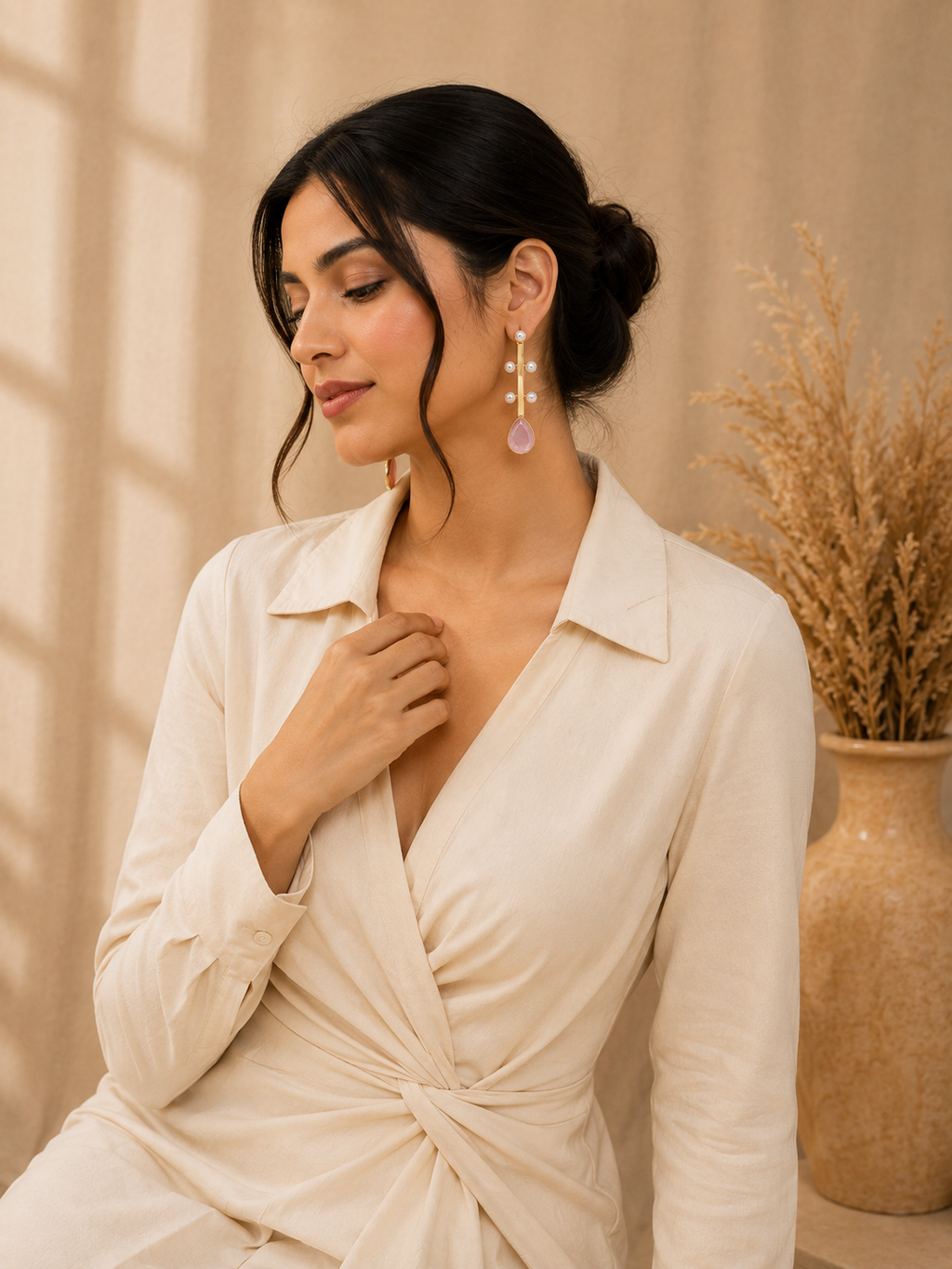 A woman wearing a cream-colored wrap dress and matching cream pants, styled with long, dangling pink and white earrings, posed in a warm, neutral-toned room with a beige curtain and a vase of dried grass.