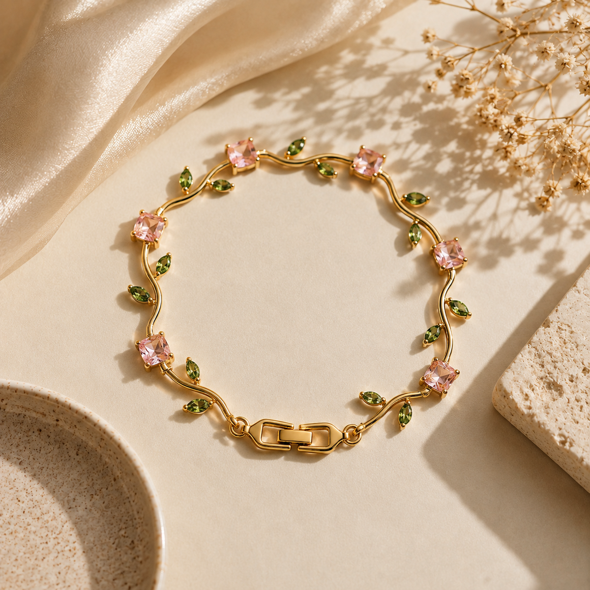 A gold chain bracelet with pink gemstone flowers and green leaf accents, styled on a beige surface with satin fabric, dried flowers, and a ceramic dish.