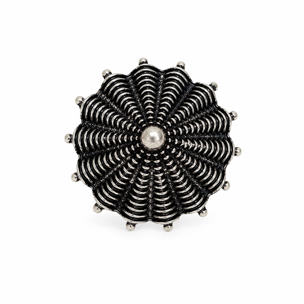 Close-up of Avyaa oxidised silver ring