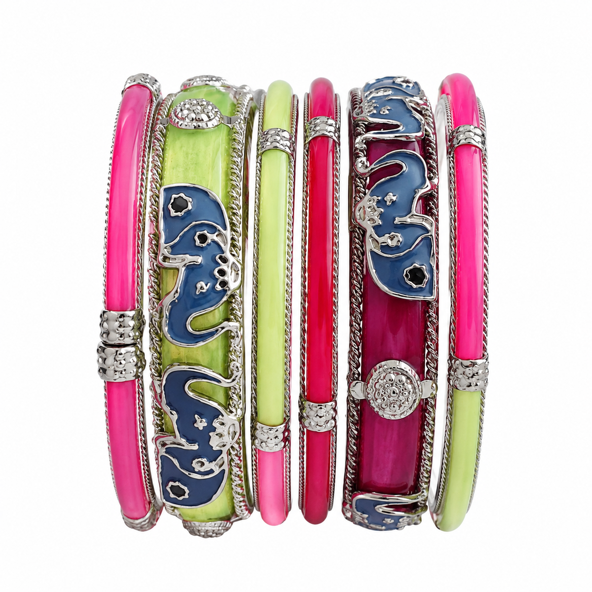 A set of six Indian-style bangles (kara bracelets) with colorful enamel inlays and silver-tone metal borders. The bracelets feature vibrant pink, lime green, magenta, and blue enamel sections, accented with silver-tone filigree borders and rhinestone details, set against a plain white background.