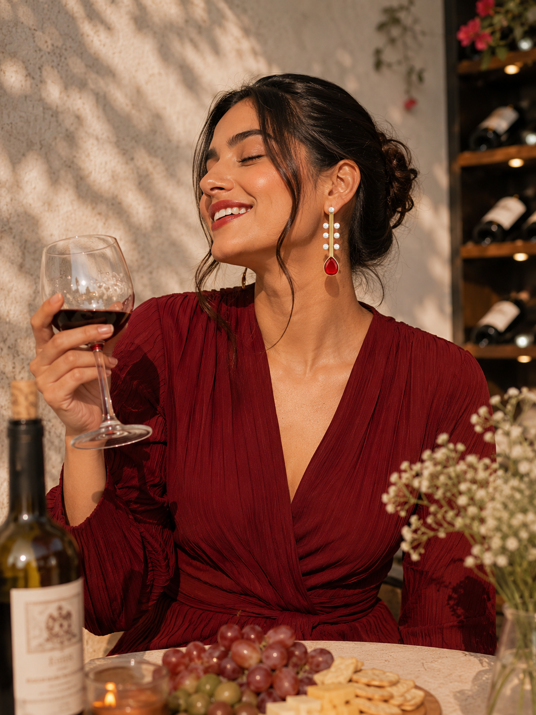 A woman in a deep burgundy wrap dress holding a glass of red wine, wearing long red and gold drop earrings, in a warmly lit wine-themed setting with a bottle of wine, grapes, and crackers on the table.