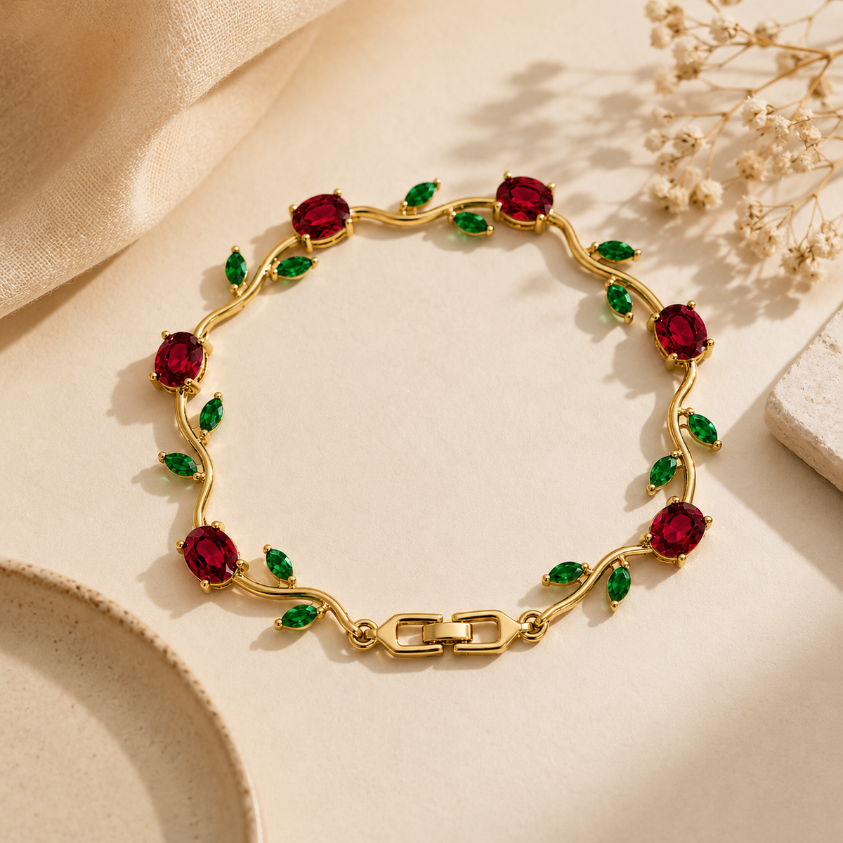A gold-plated link bracelet decorated with oval red gemstones and small green marquise-cut stones, arranged in a circular flat-lay on a warm beige surface with soft fabric and dried flowers.