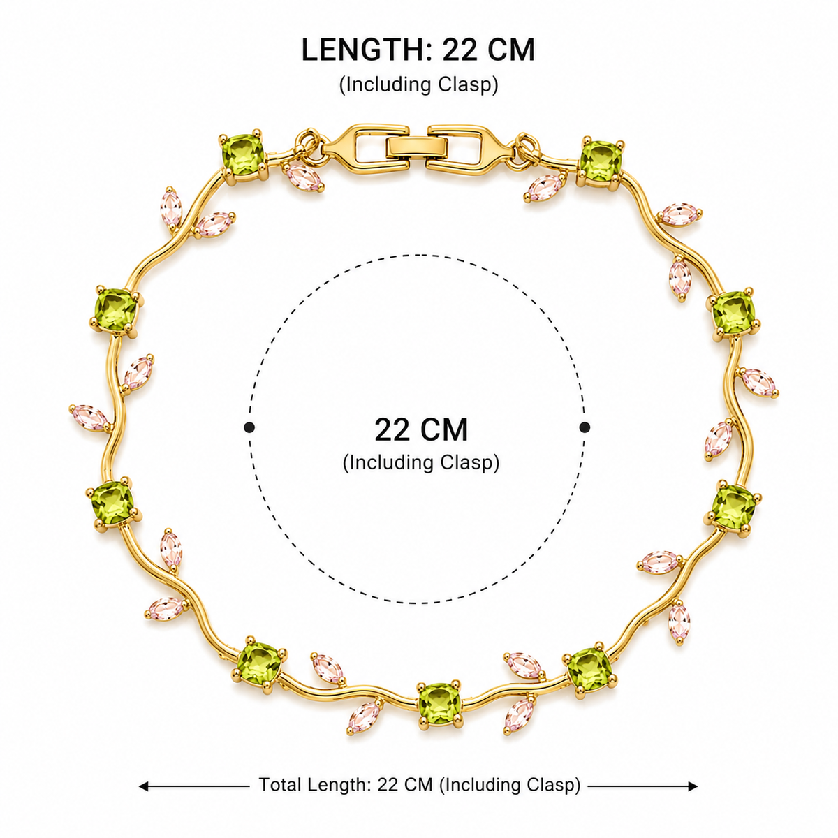 A gold bracelet with square green stones and small pink marquise stones, shown on a white background with measurement text and a 22 cm diameter circle annotation.