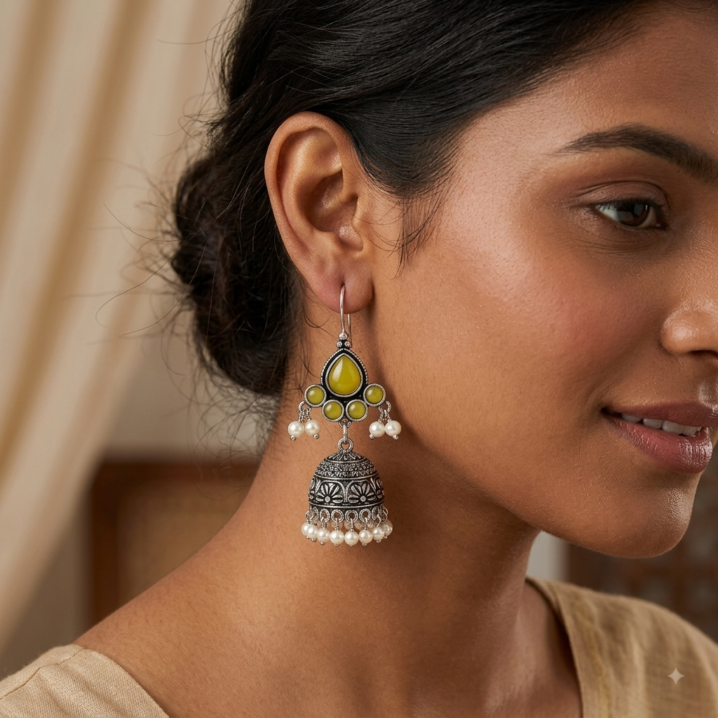 A close-up of a woman wearing a traditional Indian jhumka earring. The earring features a silver-toned bell-shaped pendant adorned with intricate filigree work, a bright yellow-green teardrop stone, small green circular stones, and dangling white pearl beads.