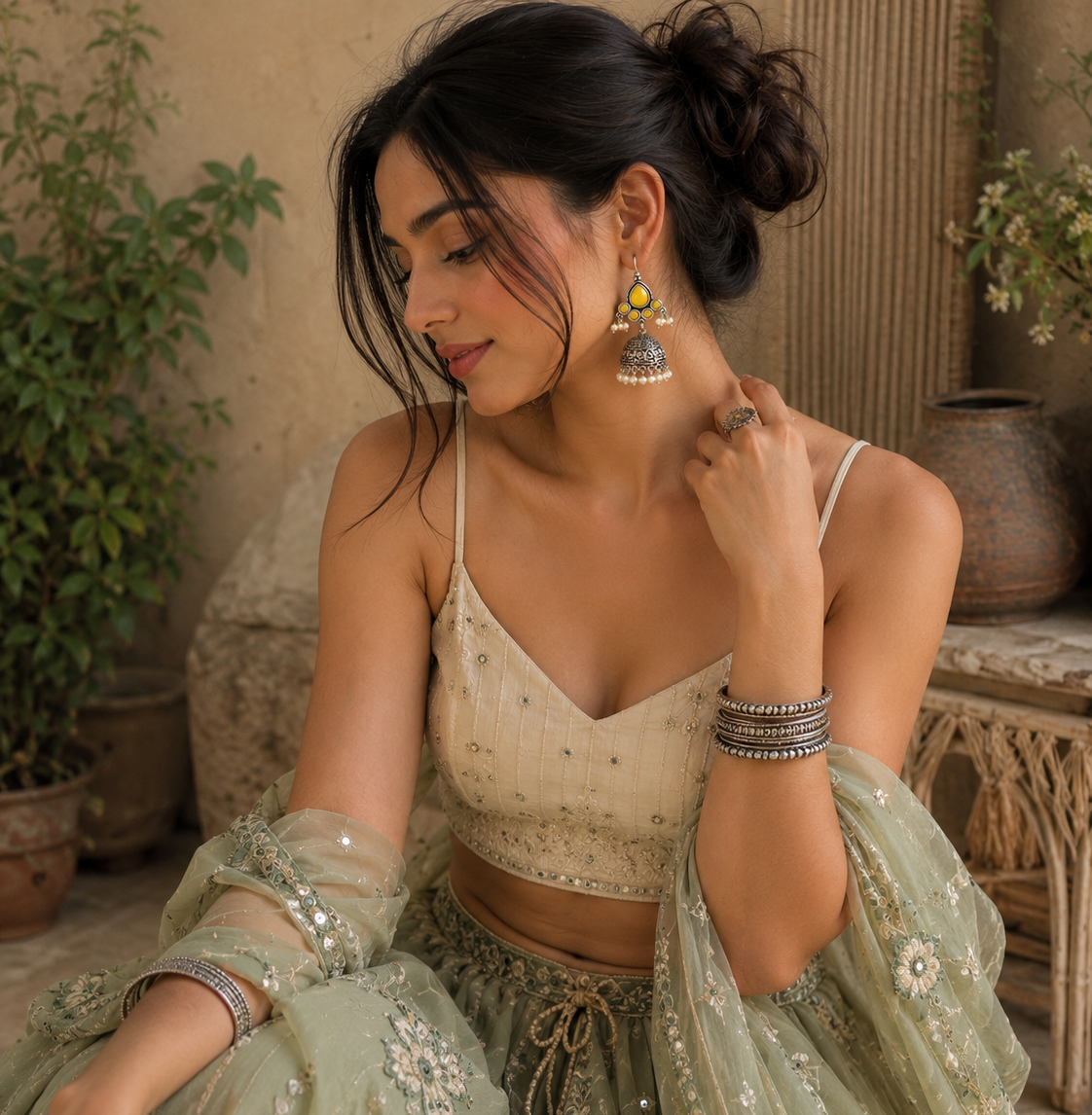 A woman wearing ornate gold and green jhumka earrings, a beige embellished crop top, and a matching sage green embroidered skirt, posed in a rustic indoor setting with plants and pottery.