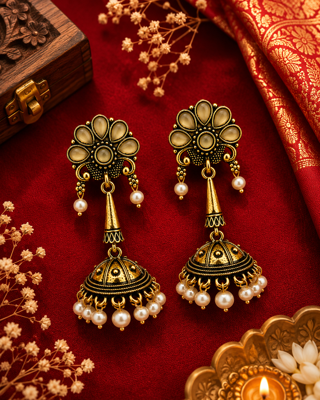 A pair of ornate Indian jhumka earrings with antique gold-toned metalwork and white faux pearls, displayed on a rich red fabric background with traditional decorative props.
