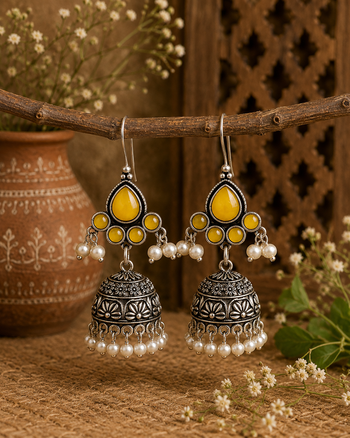 A pair of ornate silver-toned dangle earrings with bright yellow stone inlays and small white pearl beads, displayed hanging from a rustic branch with dried flowers and a terracotta pot in the background.