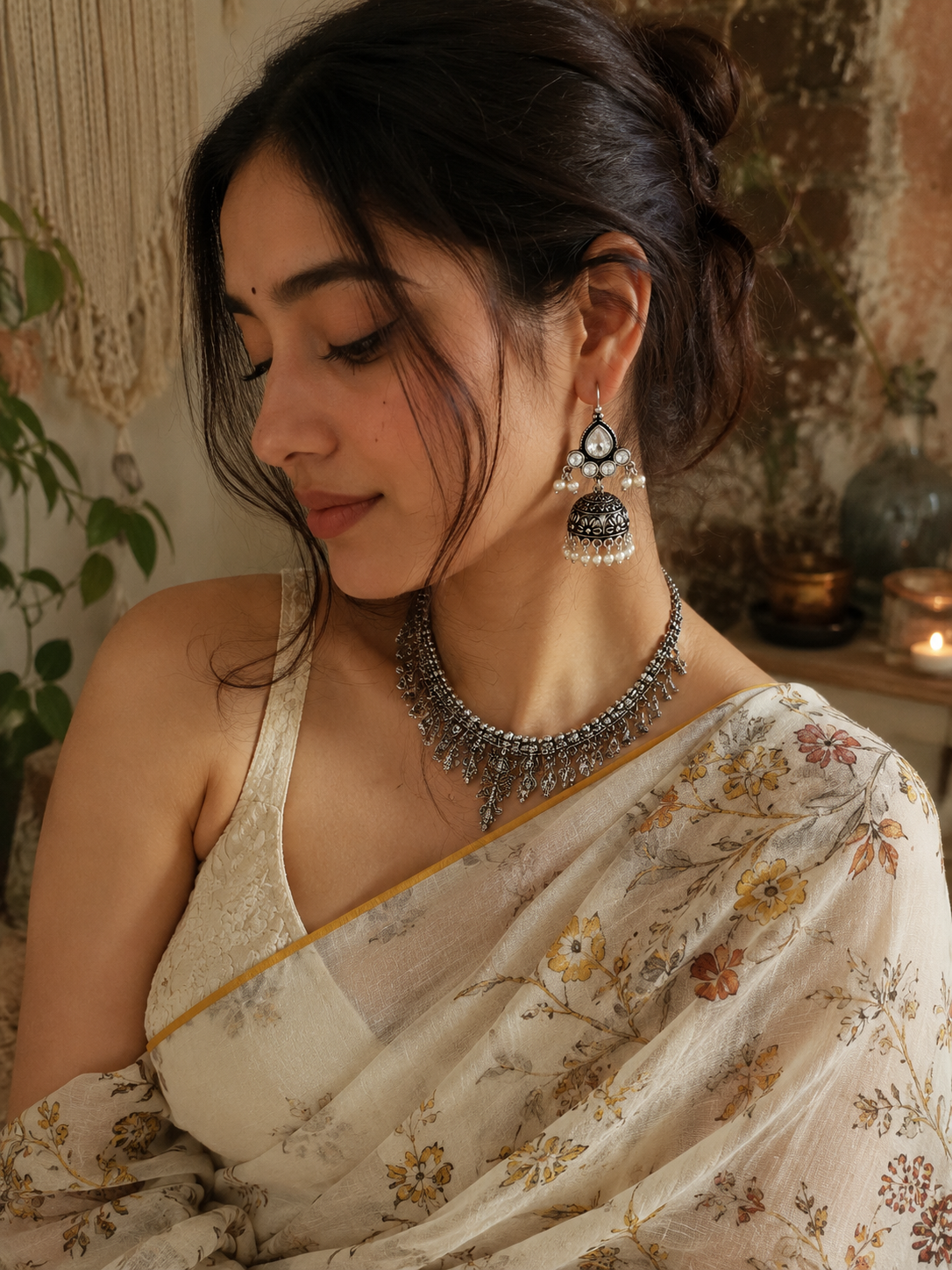 A woman wearing a detailed silver-toned traditional necklace and matching drop earrings, styled with a cream floral saree in a warm, rustic indoor setting.