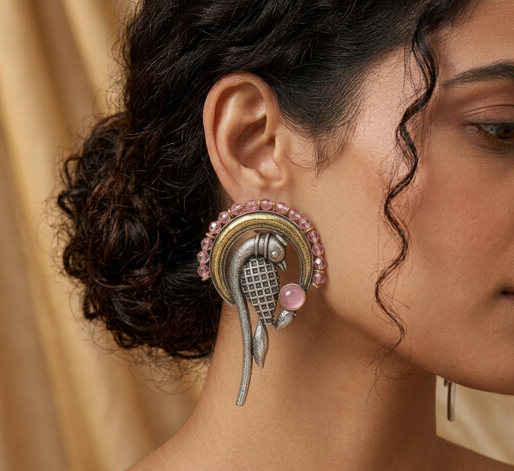 A close-up of a woman's ear wearing a large, ornate gold and silver earring with pink gemstone accents, set against a soft beige background.