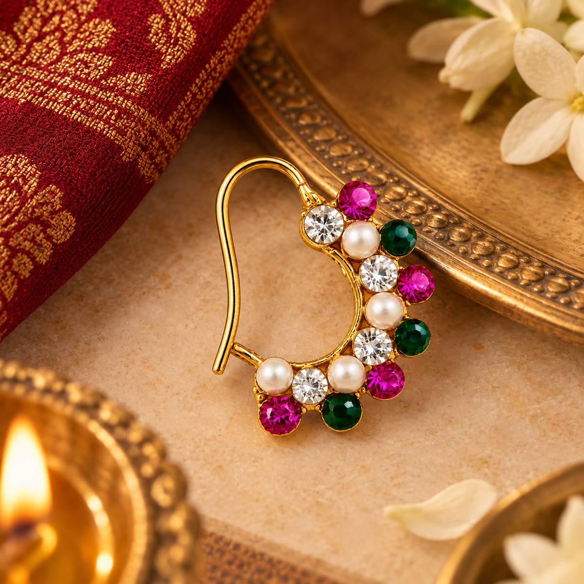 A gold crescent-shaped nose ring decorated with white pearls, clear cubic zirconia stones, pink rhinestones, and green emerald stones, displayed on a beige surface with a red patterned fabric and gold-toned decorative props.